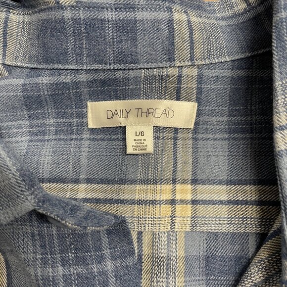 DAILY THREAD BUTTON UP SHIRT PLAID MENS L BLUE KHAKI CASUAL LONG SLEEVE NWT - Picture 7 of 11